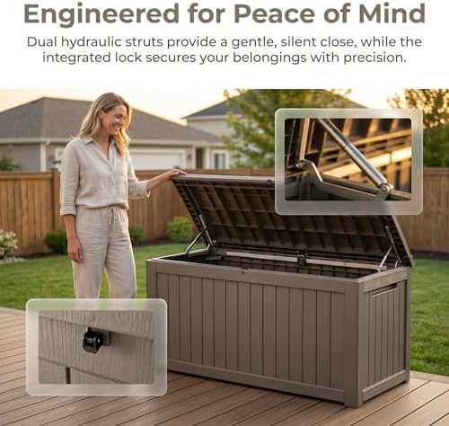 Outdoor Storage Box Resin Deck Box Waterproof Gray Brown 270 Gallon