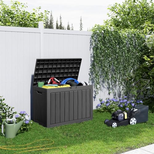 44 Gallon Outdoor Deck Box, Lockable Waterproof Outdoor Storage Boxes For Garden Tools,Indoor Cushions,Accessories Outside Storage Resin Weatherproof Container(Black)