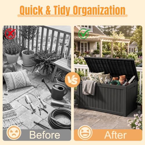 Outdoor Storage Box, 360 Gallon Waterproof Resin Deck Box with Support Rod