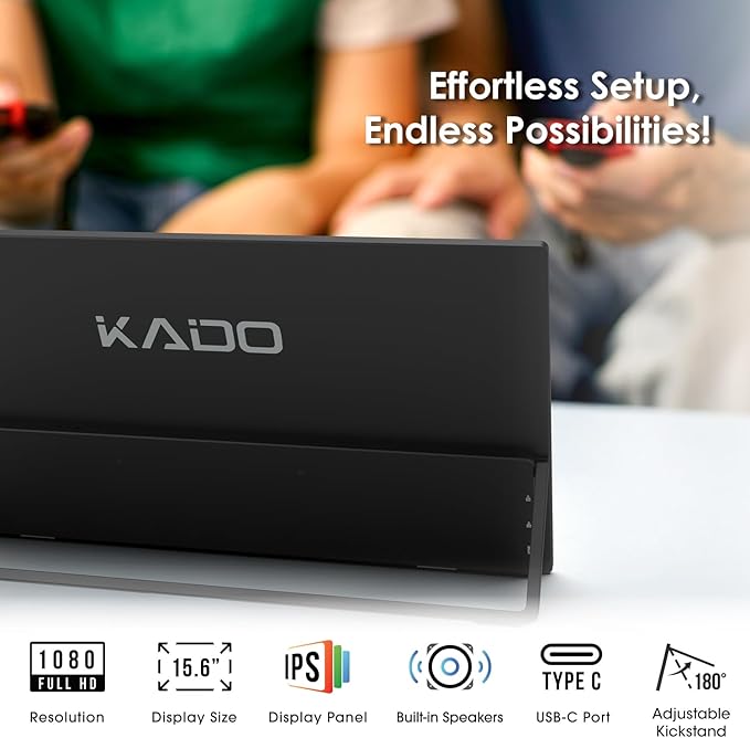 Kado Portable Monitor 15.6-Inch FHD 1080p, 45W Reverse Charging USB-C mini-HDMI