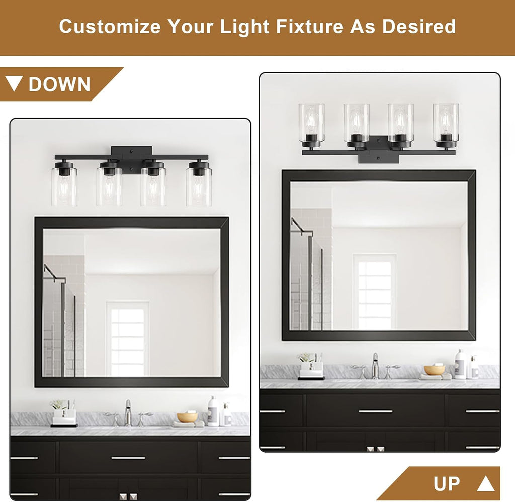 IZORRO Bathroom Light Fixtures, Modern Vanity Lights, Bathroom Lighting Fixtures Over Mirror with Clear Glass Shade, Wall Sconce for Living Room Cabinet Bedroom (Matte Black, 4-Light)