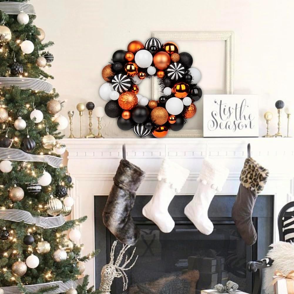 Halloween Ball Wreath 13" Xmas Wreaths Ornaments Glitter Thicken Shatterproof Garland Decoration for Door Wall Mantel Holiday Christmas Party Decor, White & Black & Orange