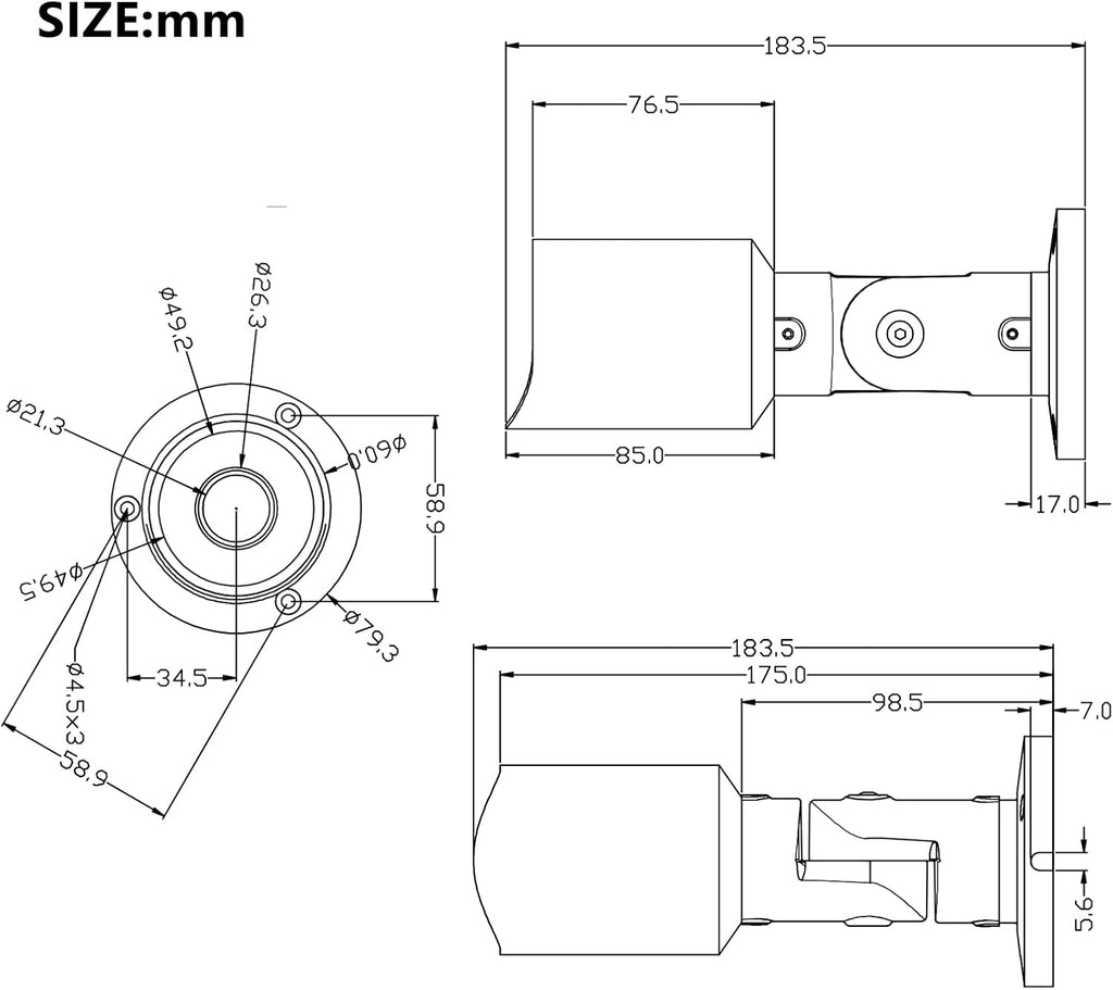5mp analog security bullet camera 4-in-1 tvi/cvi/ahd/cvbs 960h showing dimensions