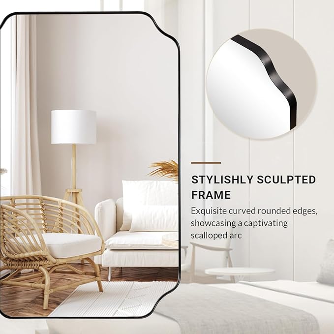ANDY STAR Matte Black Mirror 26x38 Inch, Scalloped Wall Mirror, Unique