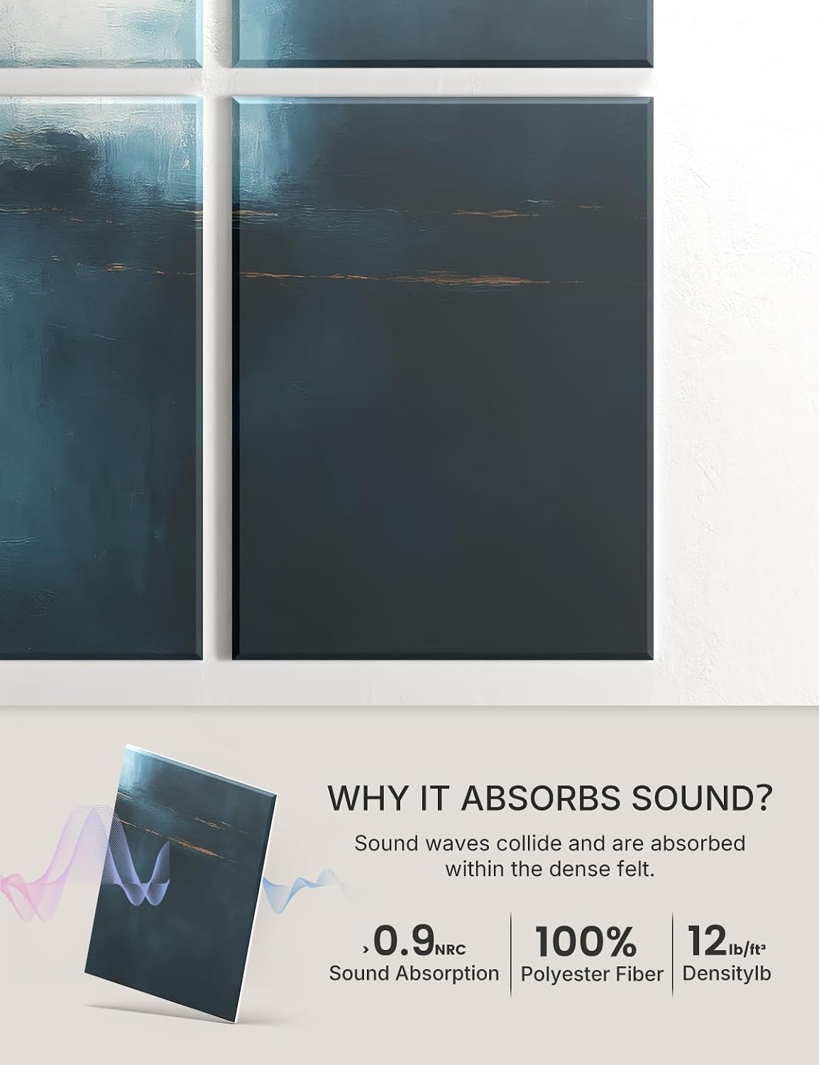 Wall Art Acoustic Panels,47''X31''Sound Absorbing Panels-8-Pack with 50 Adhesive Tabs, Decorative Sound Absorbing Panels for Living Room and Recording Studio, Offices-Azure Horizon