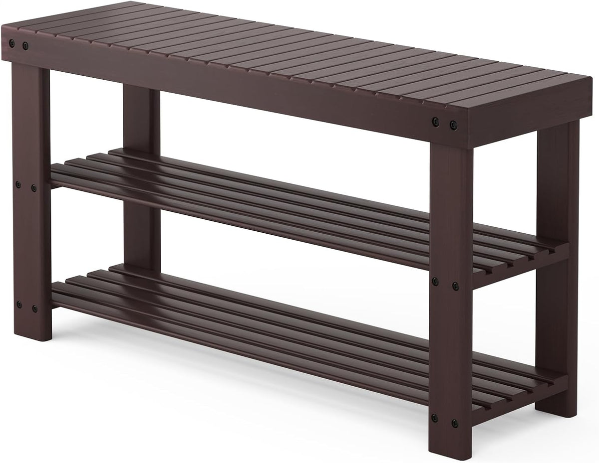 DUMOS Wooden Shoe Rack Bench, 3-Tier Bamboo Entryway Benches with Storage, Holds Up to 286 lb Storage Organizer, Suitable for Bedroom Living Room Balcony, 11.3 x 35.43 x 17.8 Inches, Brown