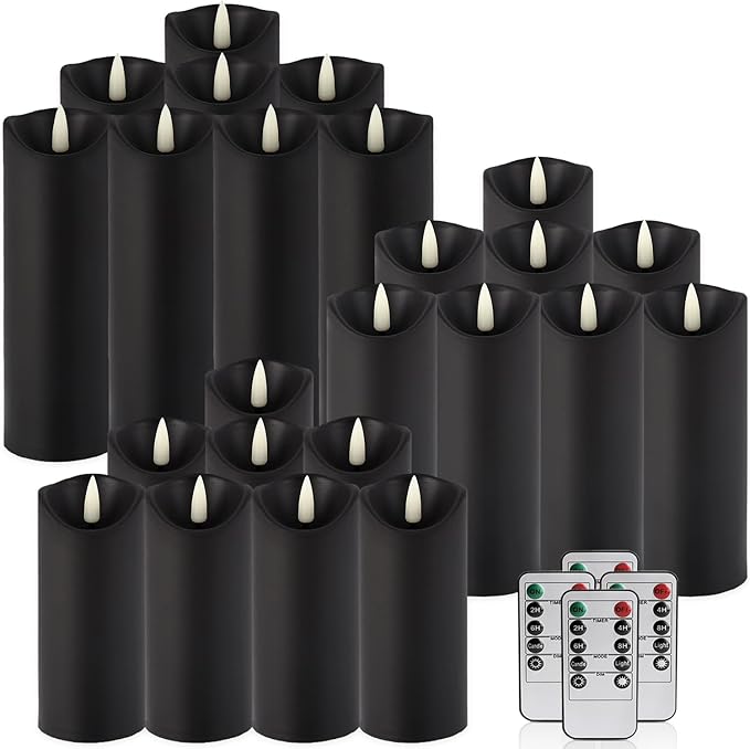 24-Pack Black Flameless LED Candles with Remote & Timer (3 Sizes) - Battery Operated Halloween Pillar Candles for Spooky Decor, Haunted House, Gothic Wedding, Holiday Centerpieces