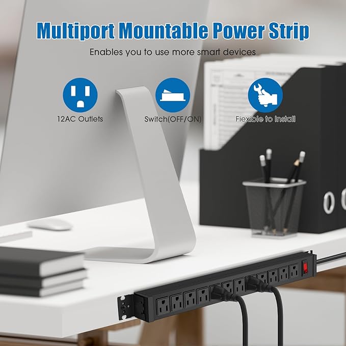 HHSOET 2 Pack Rotating Mountable Power Strip, 12 Outlet Wall Mount Surge