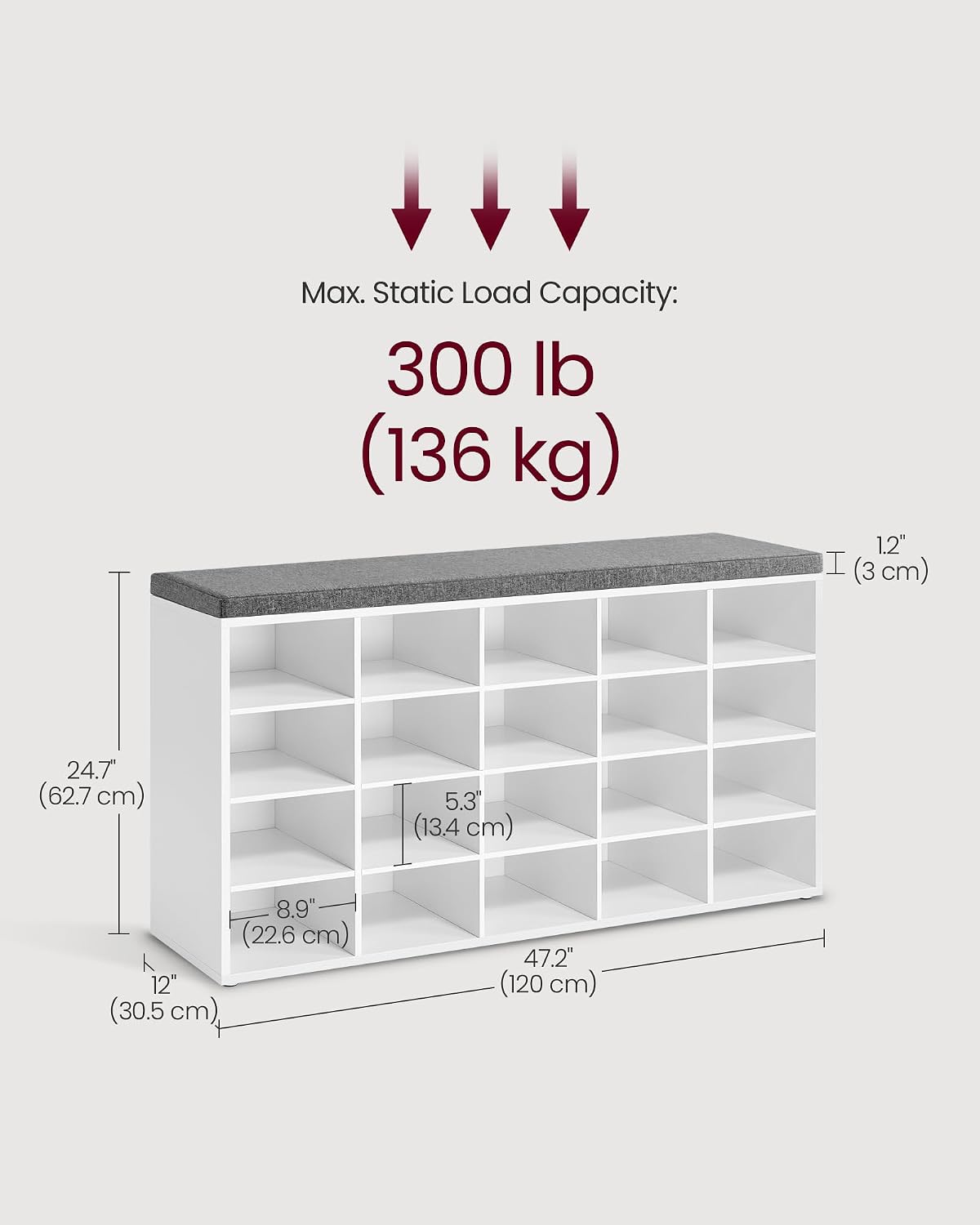 vasagle shoe bench with cushion, 20 compartments, 12, close-up detail
