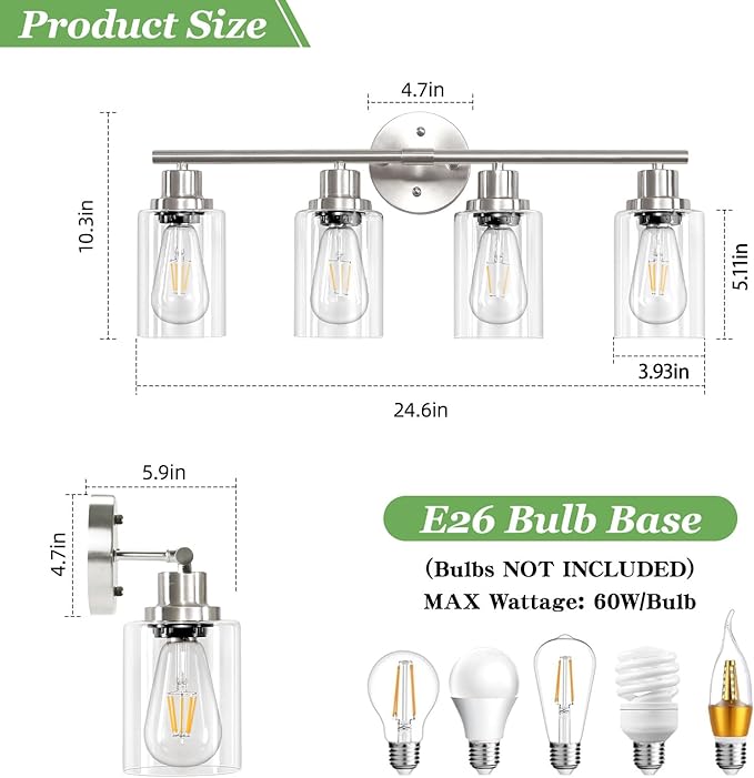 Guliaofo 4-Light Nickel Bathroom Light Fixtures, E26 Modern Vanity Lights