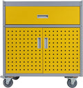 Metal Storage Cabinet with Wheels 30" x 18" x 34" Mobile Metal Garage Cabinet with 1 Drawer & 2 Doors Small Rolling Tool Storage Cabinet with 1 Adjustable Shelf & 4 Hanging Hooks, Yellow & Gray