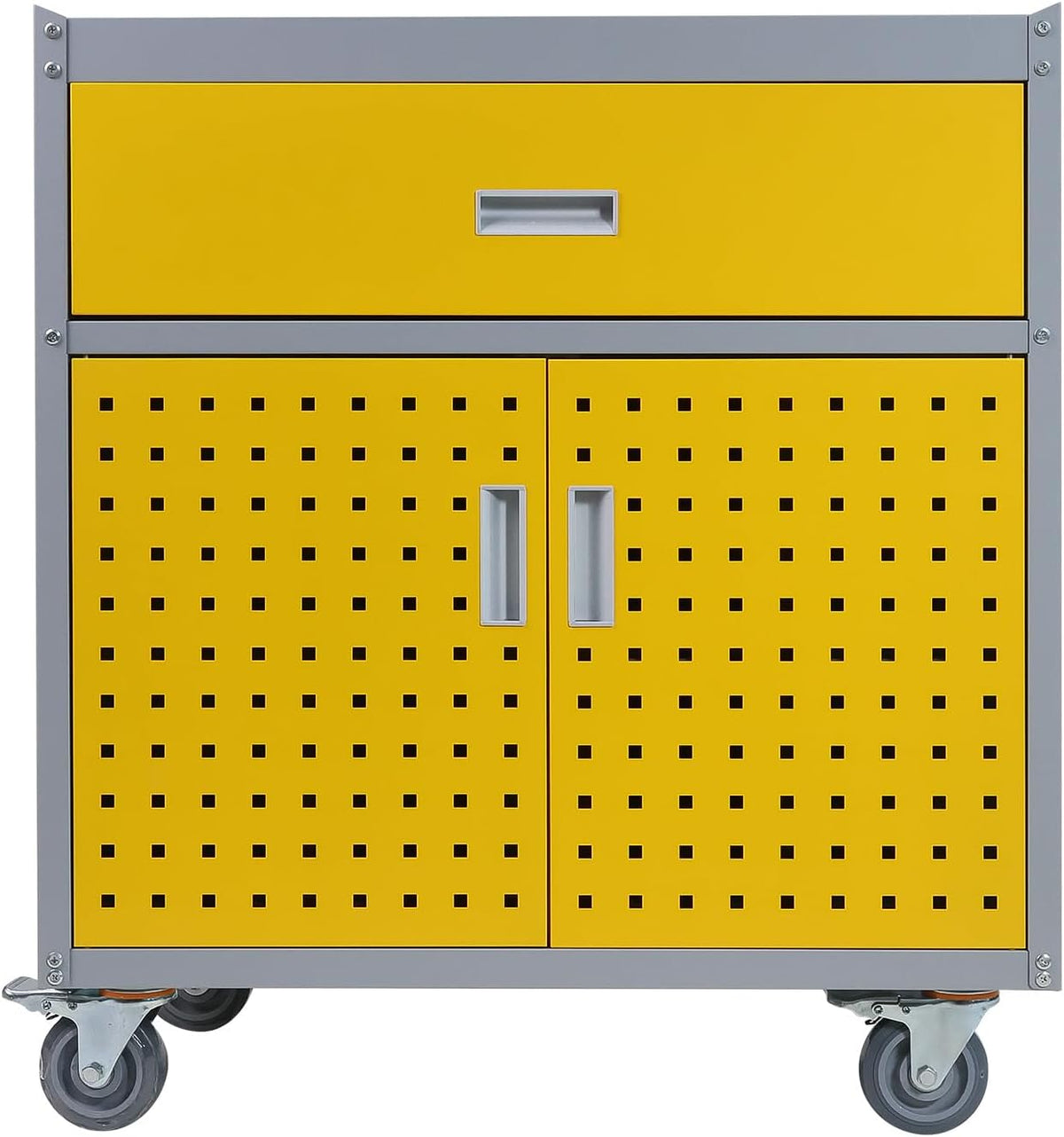 Metal Storage Cabinet with Wheels 30" x 18" x 34" Mobile Metal Garage Cabinet with 1 Drawer & 2 Doors Small Rolling Tool Storage Cabinet with 1 Adjustable Shelf & 4 Hanging Hooks, Yellow & Gray
