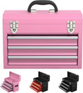 3 Drawers small Tool Box, Portable 3 Drawer Steel Tool Box with Locking System toolbox organization with Liner for Tools Storage (Pink)