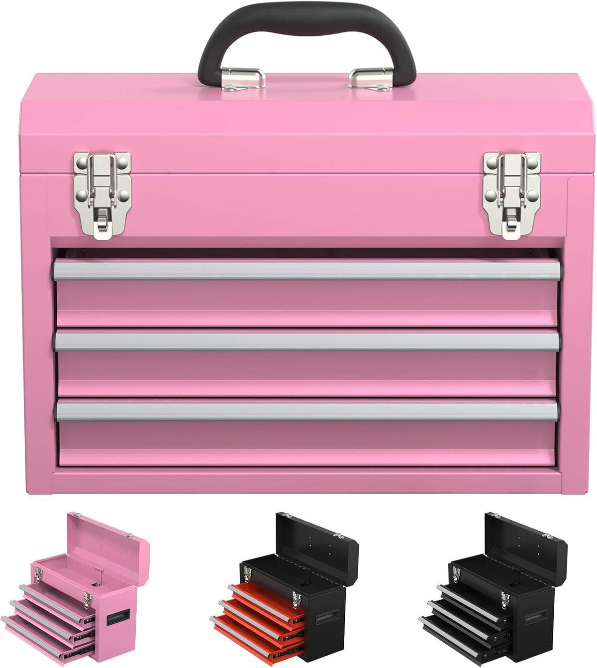 3 Drawers small Tool Box, Portable 3 Drawer Steel Tool Box with Locking System toolbox organization with Liner for Tools Storage (Pink)