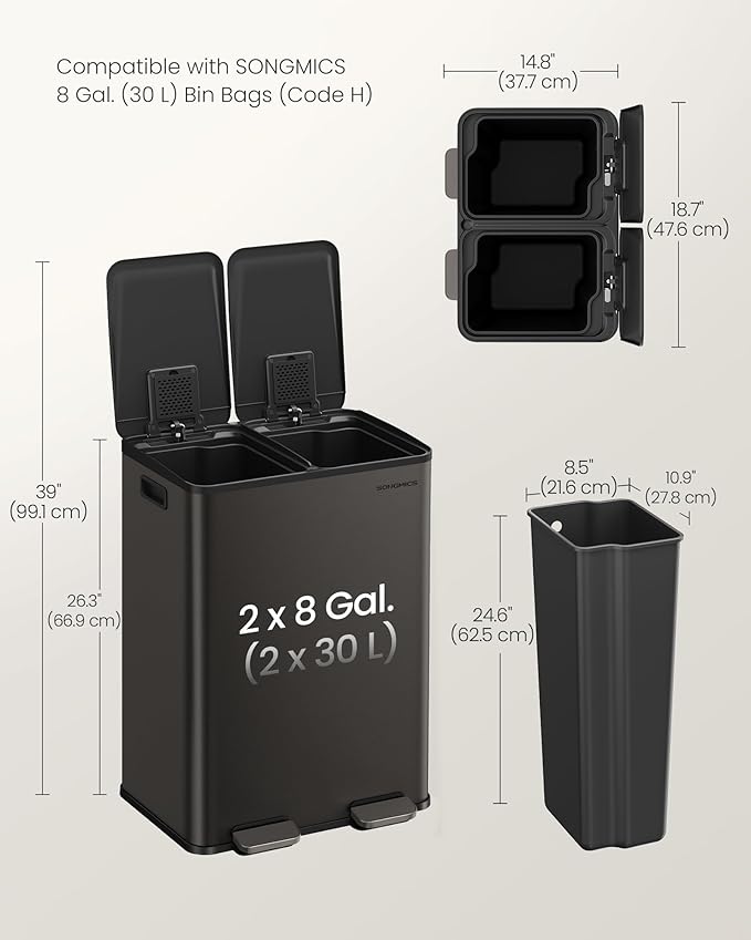 SONGMICS Trash Can, 2 x 8 Gallon Dual-Compartment Garbage Can