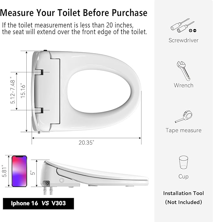 R&T V303 Auto-Open Smart Bidet Toilet Seat, Elongated Electric Bidets