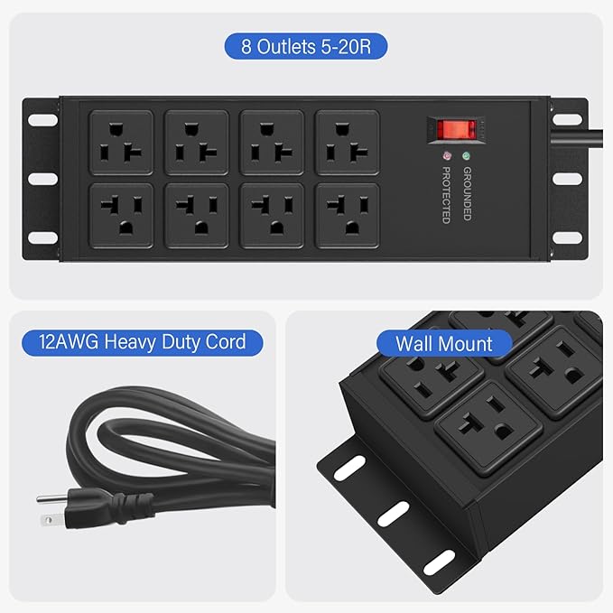 CCCEI 2PCS Heavy Duty Power Strip Surge Protector 20 AMP, 8 Outlets 12 Gauge
