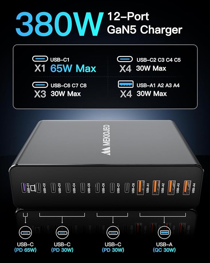 Aluminum Alloy 380W Charging Station Fast USB C Charger Block 12 Ports 65W