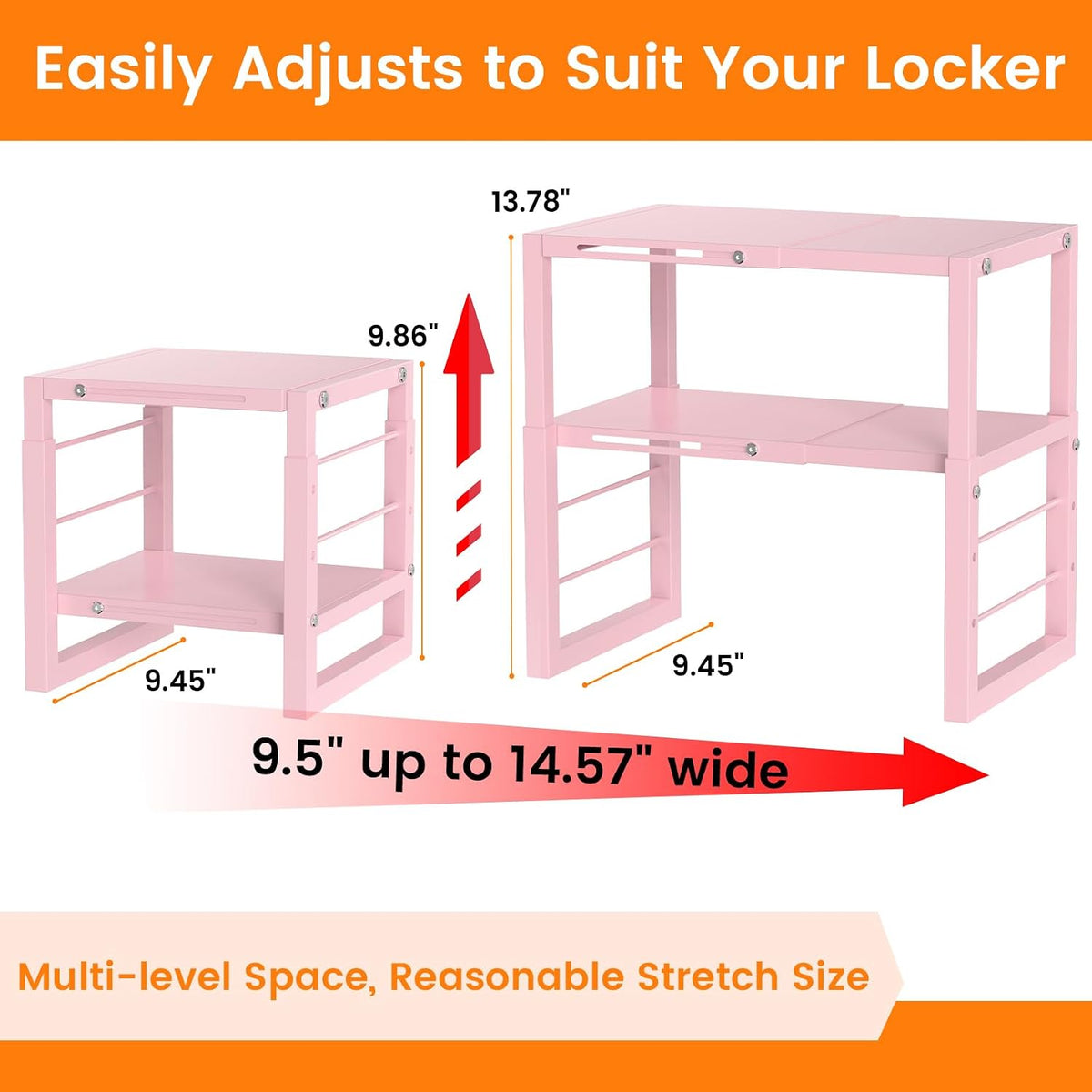 lidtop locker organizer shelf pink, adjustable width and shown in use
