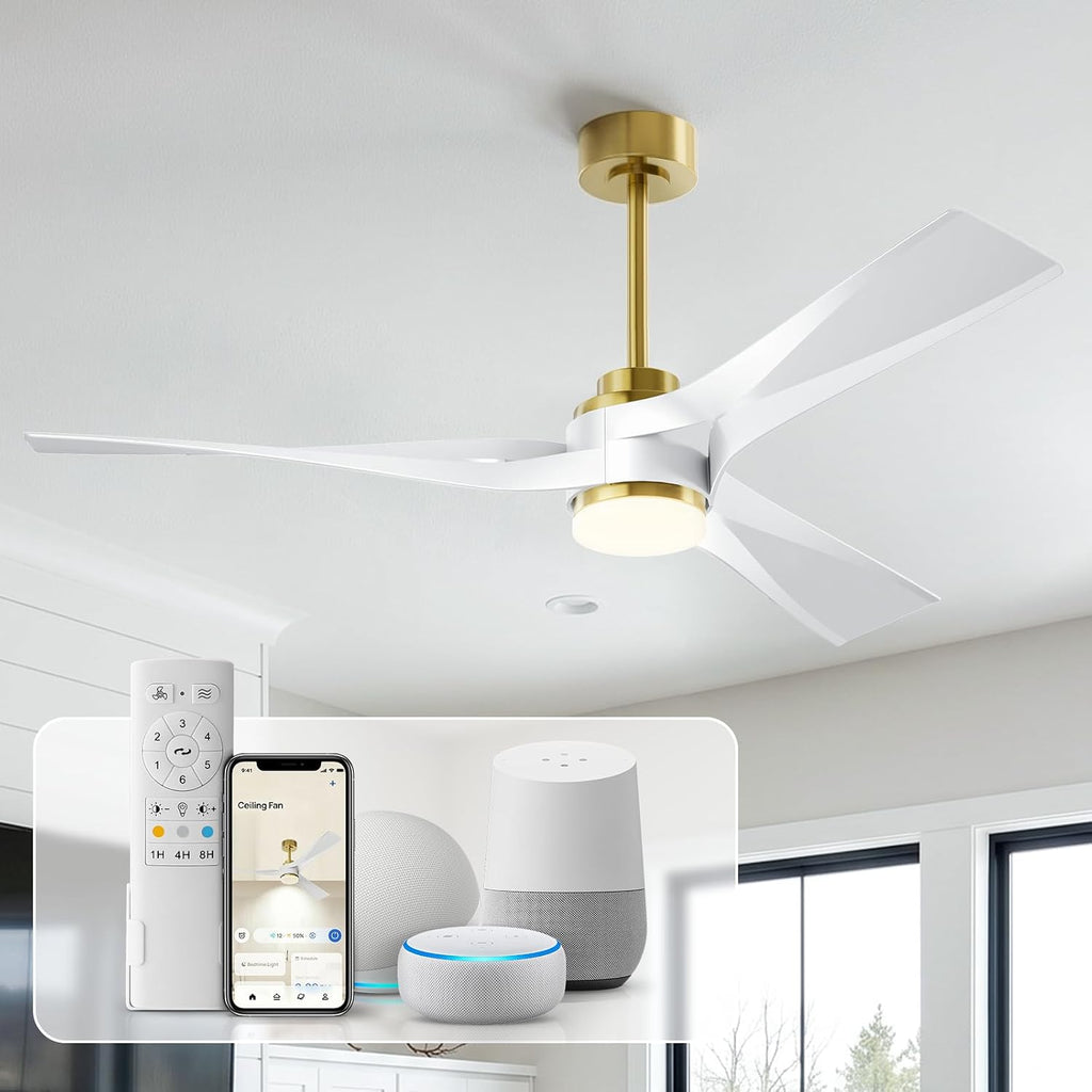 56 inch Modern Smart Ceiling Fan with Light, Gold White Outdoor Ceiling Fans for Patios with Alexa/Google/App and Remote Control, 3 Blade DC High CFM for Indoor Bedroom/Living Room/kitchen Ceiling Fan