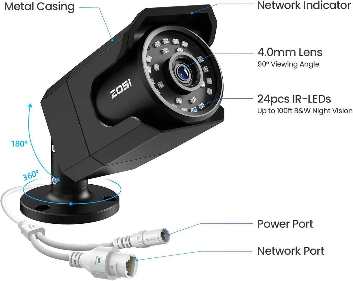 zosi 4k 8mp add-on audio poe camera, cctv, front angle view