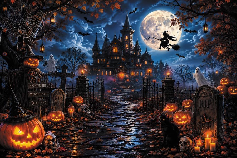 Halloween Backdrop 10x8ft Spooky Castle Full Moon Photography Background