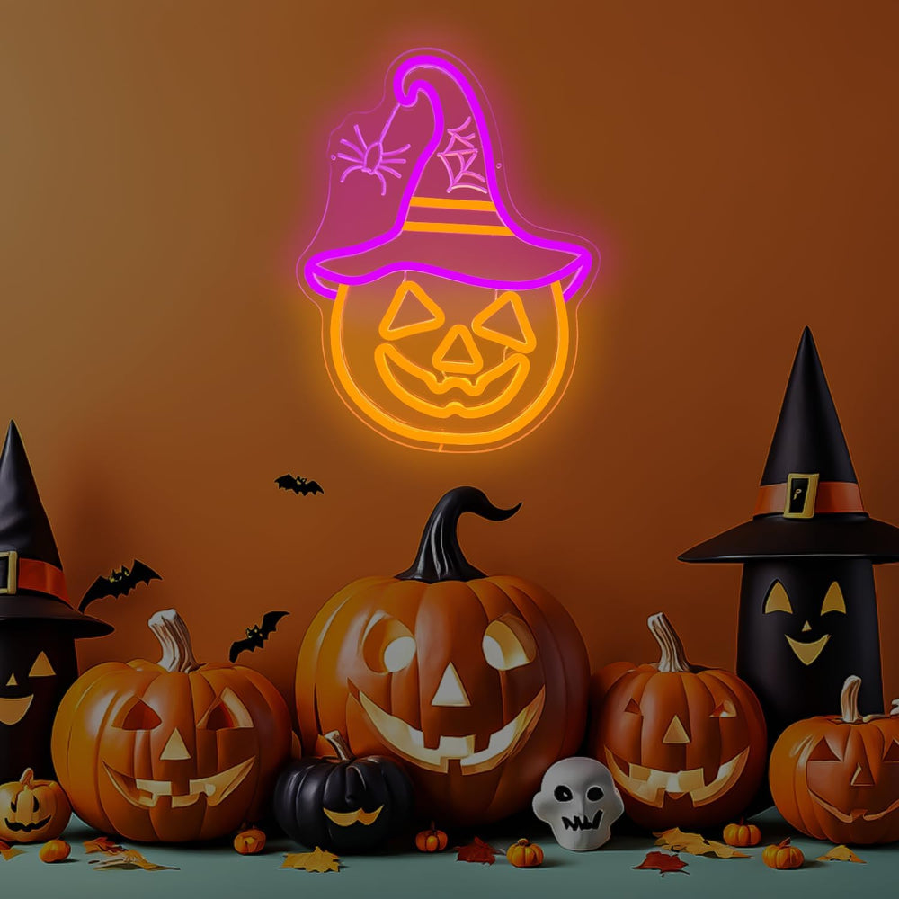 Halloween Neon Sign Pumpkin Neon Sign for Wall Decor Witch Hat Halloween Pump...