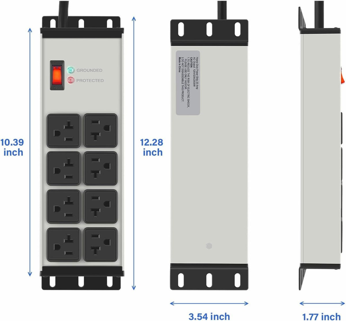 CCCEI 12 Gauge Heavy Duty Power Strip, 8 Ports, Grey, 4FT.