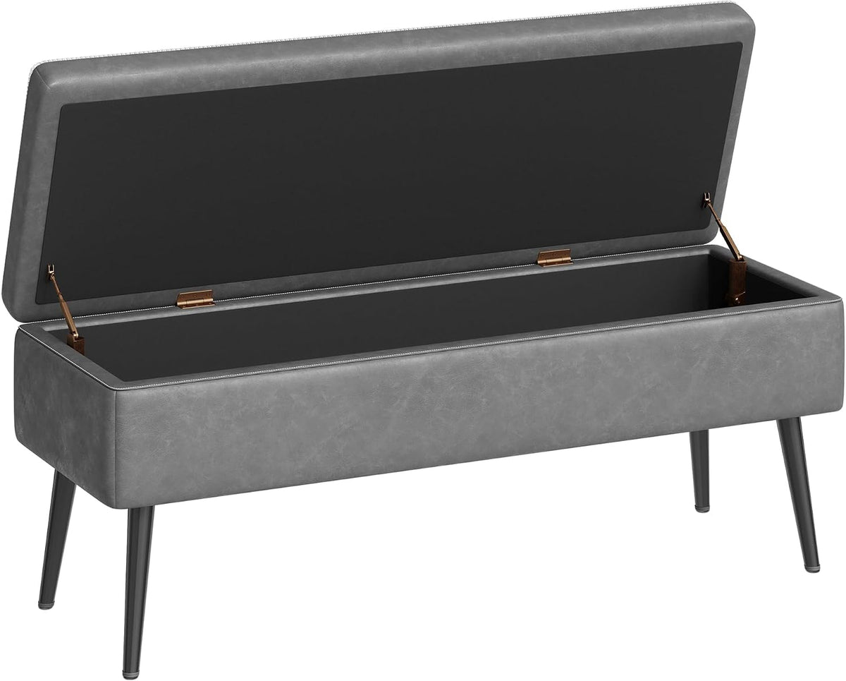 IDEALHOUSE Storage Ottoman Bench, Ottoman Foot Rest, Mid-Century Modern, Stitching and Synthetic Leather, Dual Safety Hinges, 670 LBS Load, End of Bed Bench for Bedroom, Living Room, Entryway, Grey