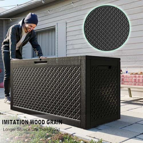 Outdoor Waterproof Resin Storage Deck Box Lockable Outside Bench UV Resistant Bin Patio Porch Furniture Pool Float Garden Tool Cushion (Black, 110 Gallon)