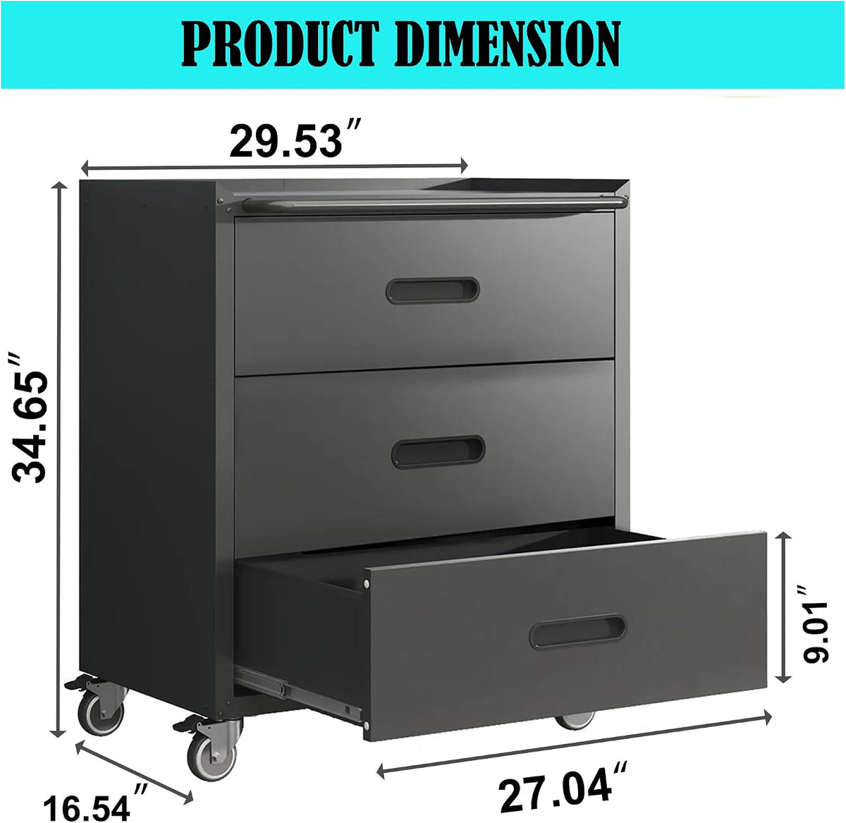 Mobile Garage Tool Storage Cabinet with 3 Drawers,Black Rolling Cabinet