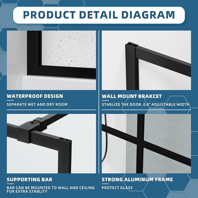 Goodyo 34" x 72" Shower Door Tempered Glass Shower Screen