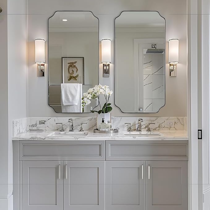 ANDY STAR 24"x48" Large Bathroom Mirror, Chrome Scalloped Wall Mirror, Polished