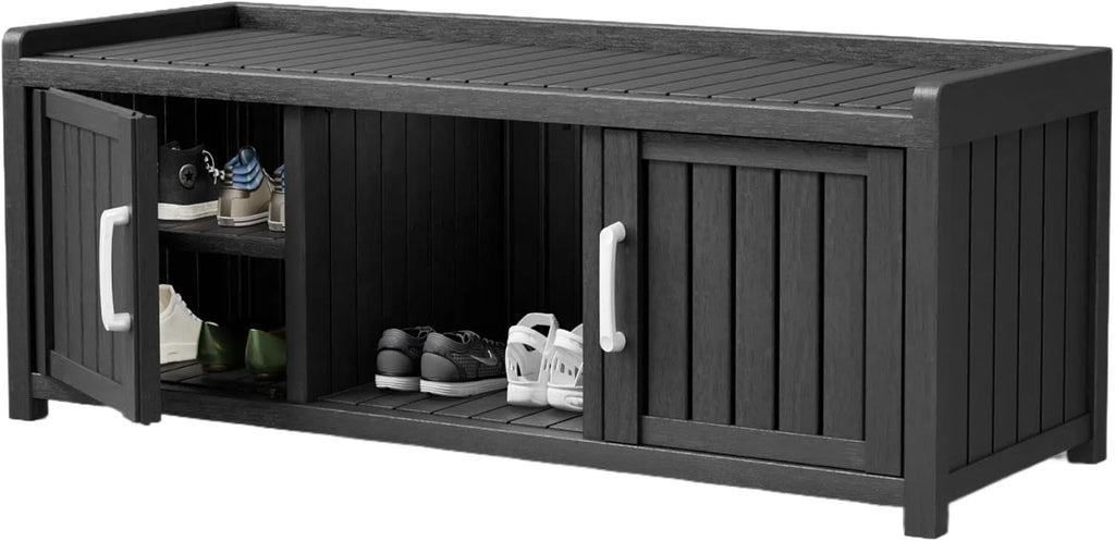 Storage Bench - Waterproof Resin Shoe Bench with Adjustable Shelves - Indoor & Outdoor Use, 2 Doors Entryway Bench with Hidden Storage Space - Storage Cabinet for Bedroom, Hallway, Black