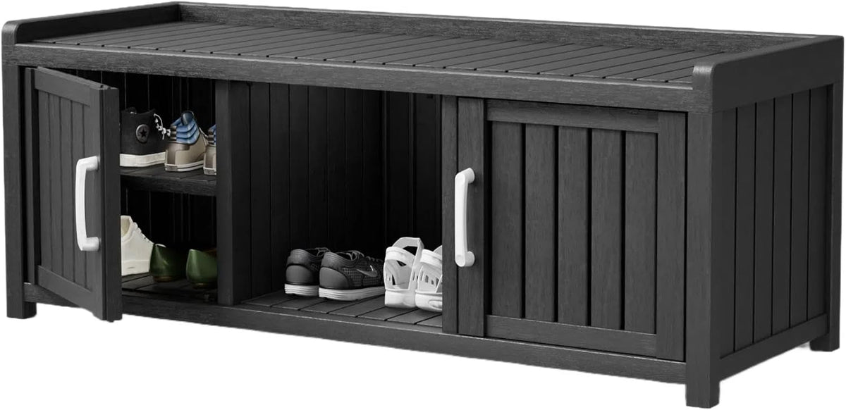 Storage Bench - Waterproof Resin Shoe Bench with Adjustable Shelves - Indoor & Outdoor Use, 2 Doors Entryway Bench with Hidden Storage Space - Storage Cabinet for Bedroom, Hallway, Black