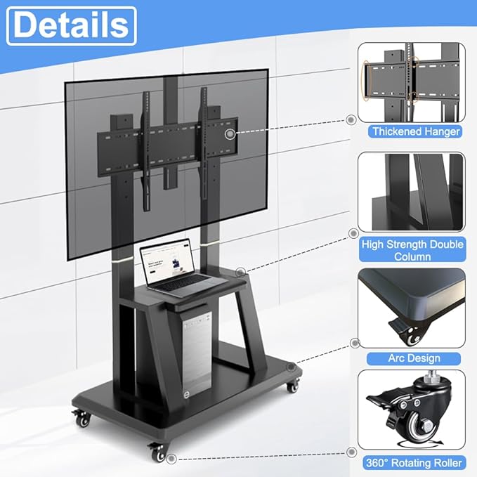 Hellsehen Mobile TV Cart, Rolling TVs Cart on Wheels Height Adjustable