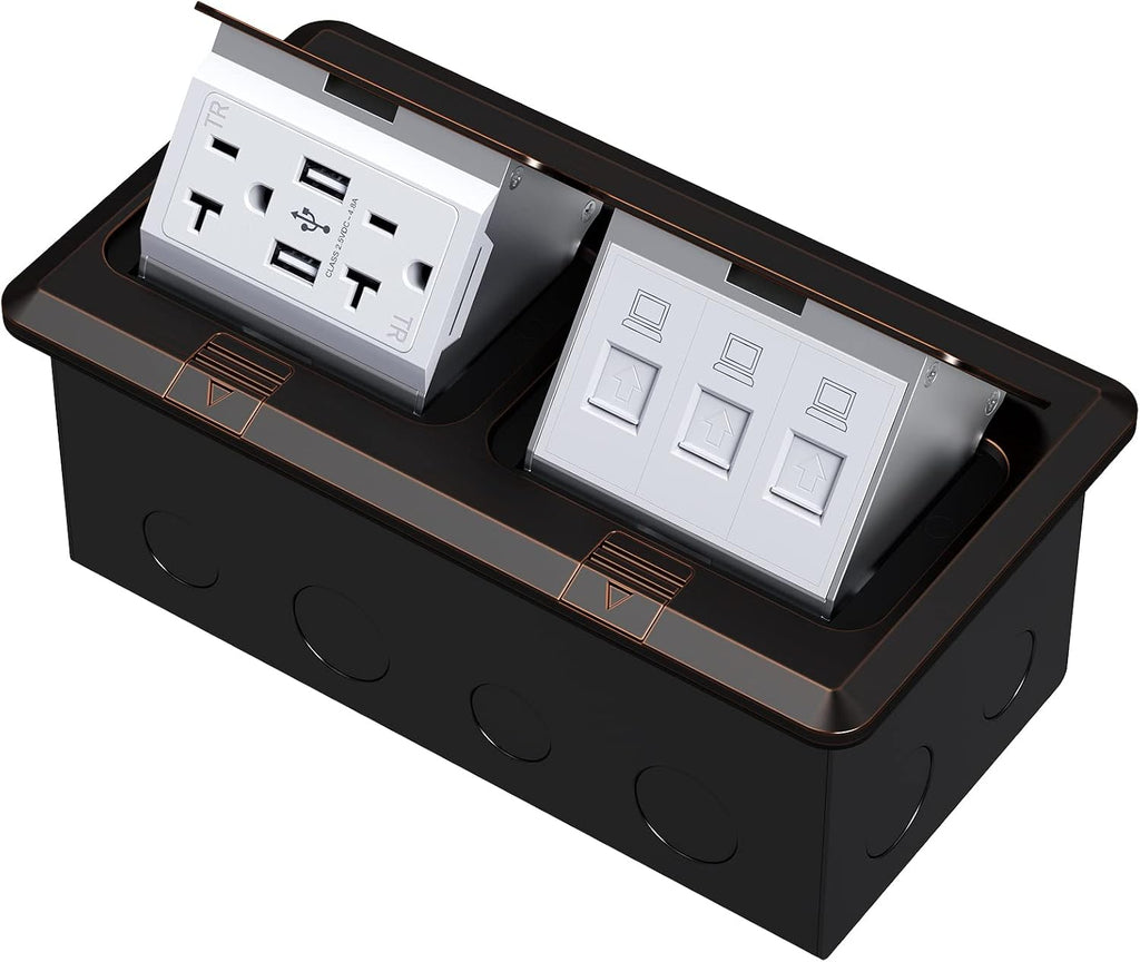 KYHSHJ Dual Pop-Up Floor Electrical Outlet Box Kit，20 Amp Stainless Steel USB
