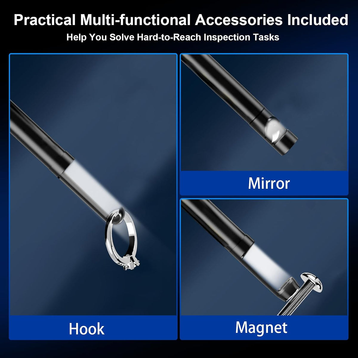 dual lens endoscope camera with light, 5" ips showing dimensions