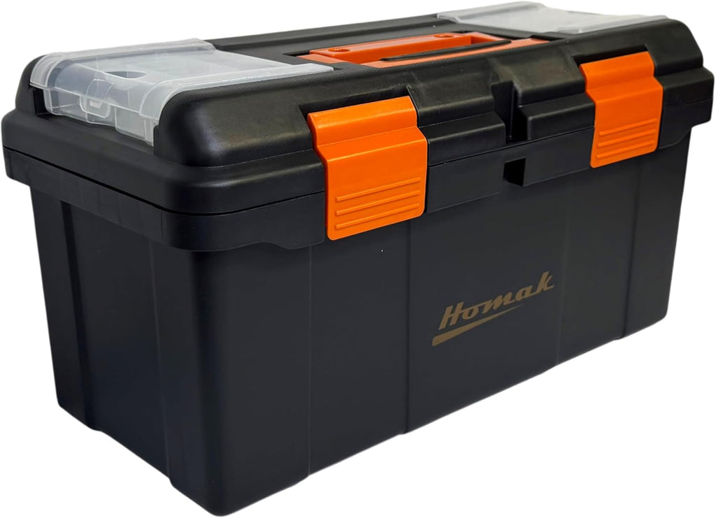 homak plastic tool box with tray and dividers, close-up detail