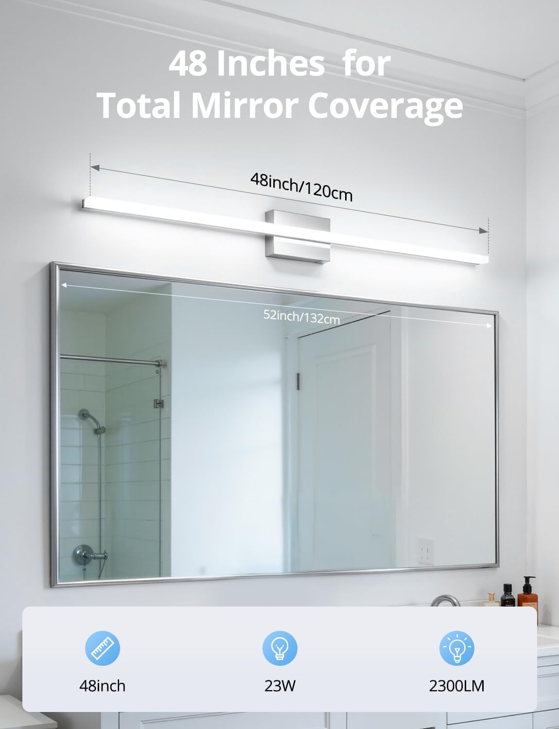 Bathroom Vanity Light Fixtures Above Mirror, Modern Wall Lamp Chrome | 48 Inch Extra-Long, Gentle Shadow Free, Linear Design, for Makeup, Simple Slim, Splash-Resistant, 6000K Cool White, 1 Pack