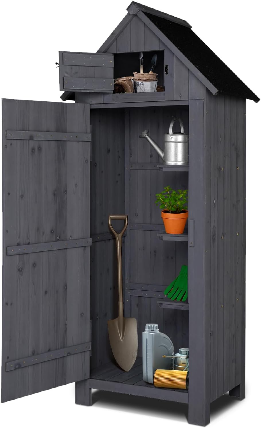 VINGLI Outdoor Wooden Storage Shed, Garden Shed Outside Tool Cabinet with Safety Latch, Patio Storage Organizer (Dark Grey)
