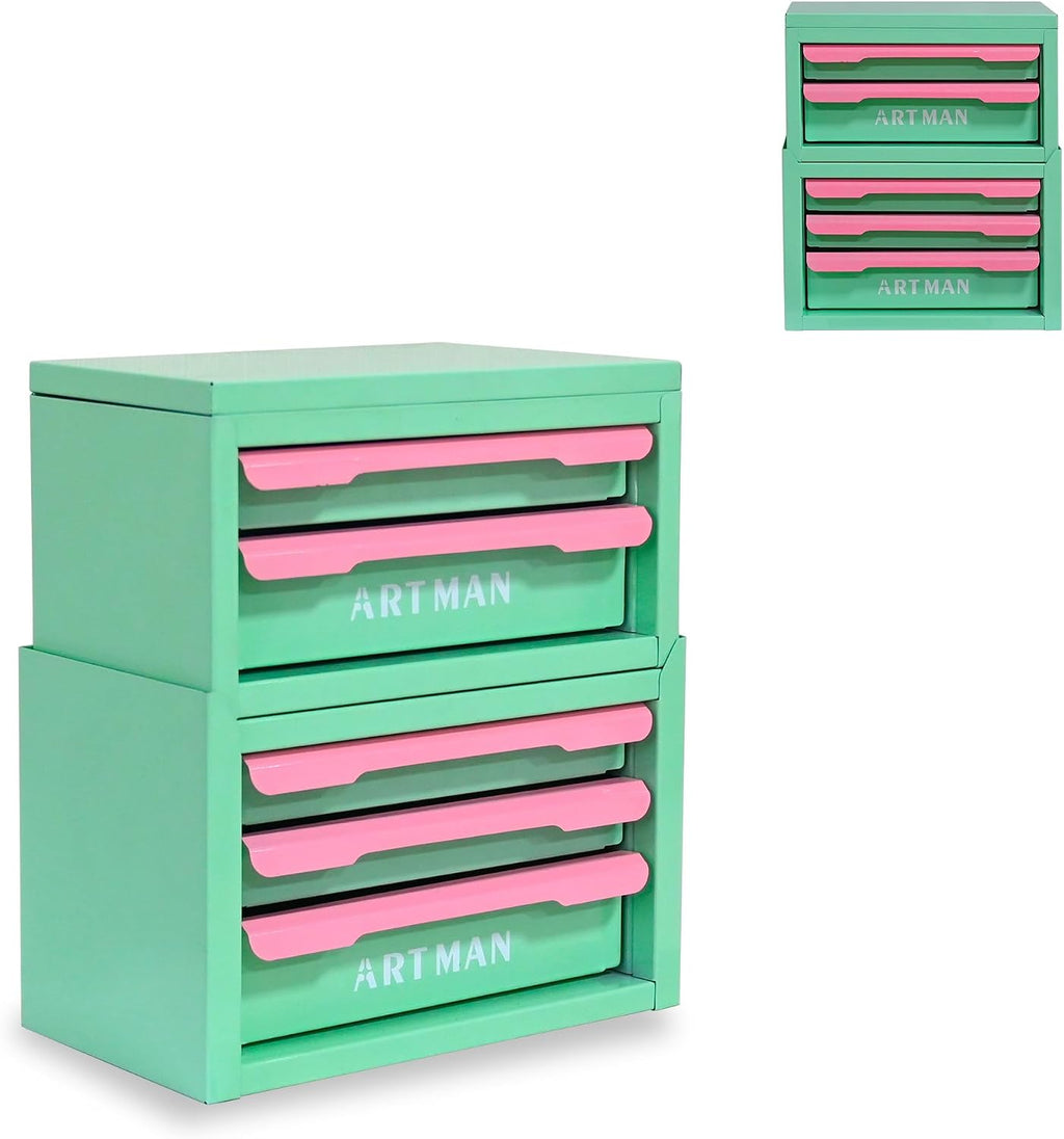 Mini Metal Tool Box, 2+3 Layer Portable Steel Small Tool Chest Cabinet,Stackable Desktop Organizer,Makeup & Stationery Storage Drawers with Handles for Home Office Workshop(Creamy Green & Pink)