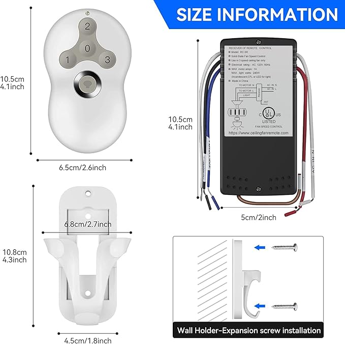Universal Ceiling Fan Remote Control Kit, 3-Speed Fan and Dimmer Light Control