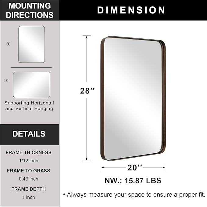 ANDY STAR Wall Mirror for Bathroom, 20”x28”Brushed Bronze Bathroom Mirror