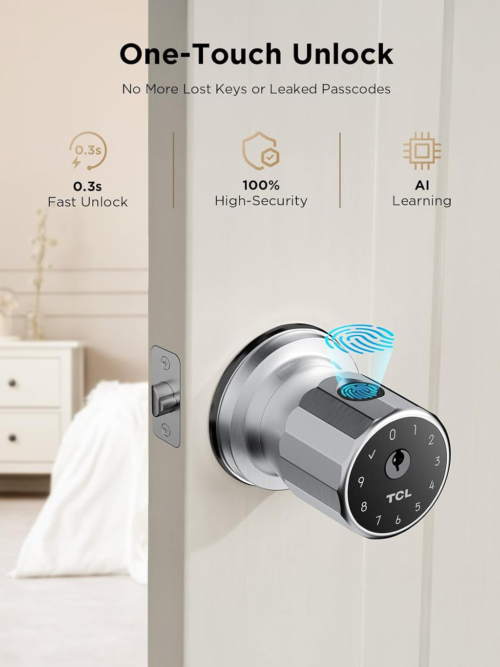 TCL K1 Fingerprint Smart Door Knob, 0.3s Biometric Keyless Entry, 4-in-1 Access with App Control & Passcode, Auto-Lock, Anti-Peep Keypad, 100 Fingerprints, for Bedroom Apartment Airbnb