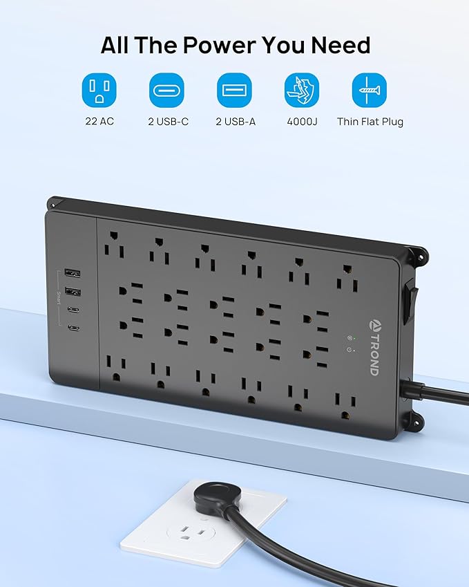 TROND Surge Protector Power Strip, 22 Widely Spaced Outlets