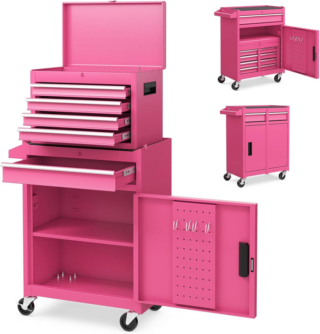 IRONMAX 2-in-1 Detachable Rolling Metal Tool Chest, 5 Drawers, Pink
