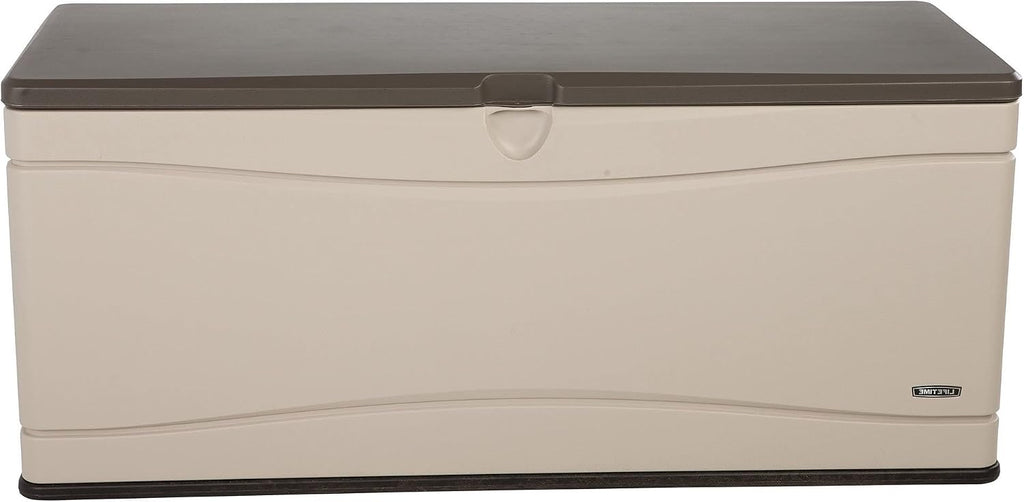 lifetime 130 gallon plastic deck / outdoor storage shown in use