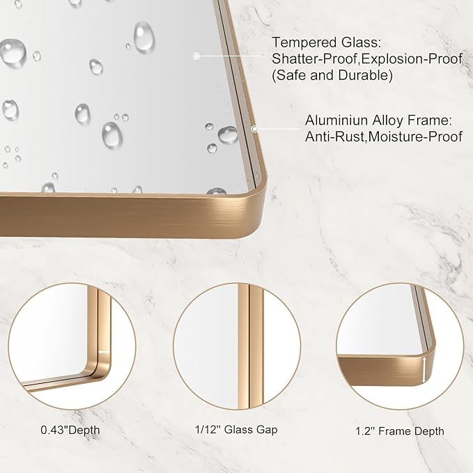 LOAAO 24”X32” Gold Bathroom Mirror, Rounded Rectangle Gold Frame Mirror