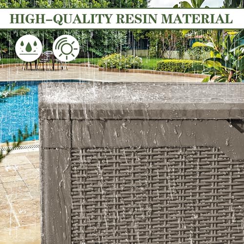 Greesum 100 Gallon Resin Deck Box Large Outdoor Storage, Imitation Rattan Weave Texture for Patio Furniture, Garden Tools, Pool Supplies, Weatherproof and UV Resistant, Lockable, Light Coffee